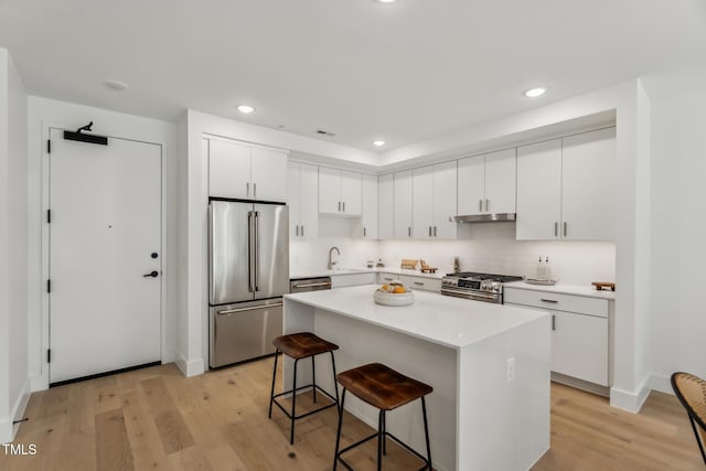 kitchen with white cabinets, a kitchen bar, high end appliances, a center island, and light hardwood / wood-style flooring