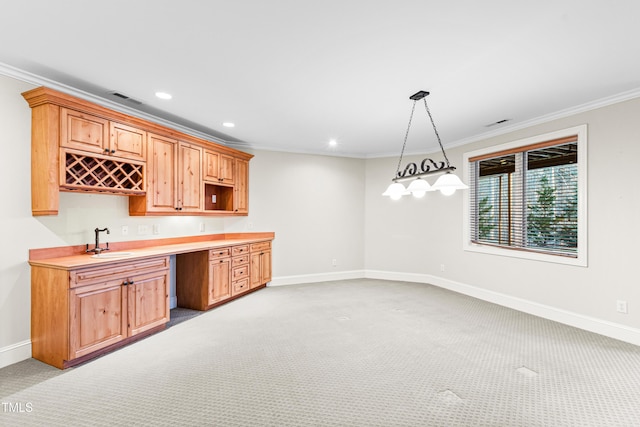 bar featuring light colored carpet, ornamental molding, and sink