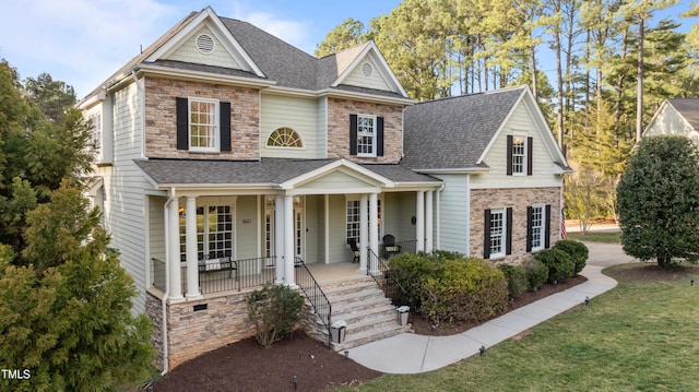 traditional-style house with stone siding, a shingled roof, a front lawn, and a porch