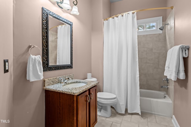 bathroom with tile patterned flooring, vanity, toilet, and shower / bath combo with shower curtain