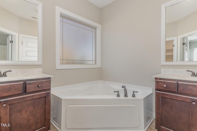 bathroom with a bathing tub and vanity