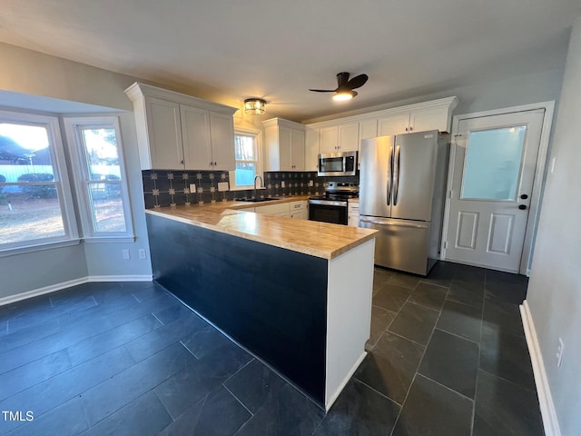 kitchen with white cabinetry, backsplash, stainless steel appliances, a healthy amount of sunlight, and kitchen peninsula