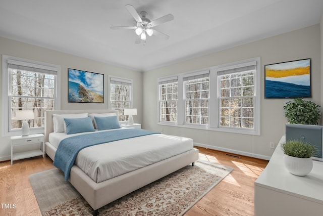 bedroom featuring visible vents, baseboards, light wood-style floors, and ceiling fan