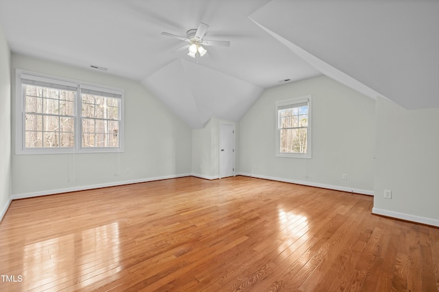 bonus room with vaulted ceiling, light wood-style floors, and visible vents