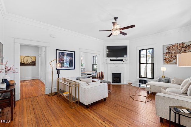 living room featuring a fireplace with flush hearth, wood-type flooring, ornamental molding, and ceiling fan