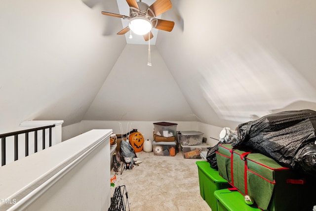 bedroom with lofted ceiling, carpet flooring, and ceiling fan