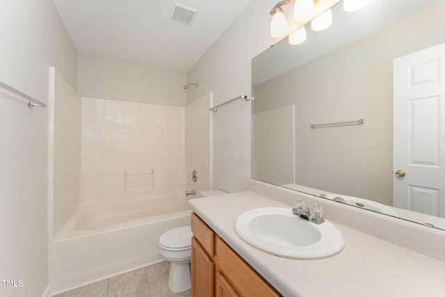 full bathroom with tile patterned flooring, vanity, shower / tub combination, and toilet