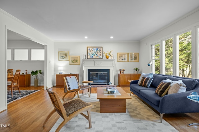 living area featuring a glass covered fireplace, crown molding, recessed lighting, and light wood-type flooring