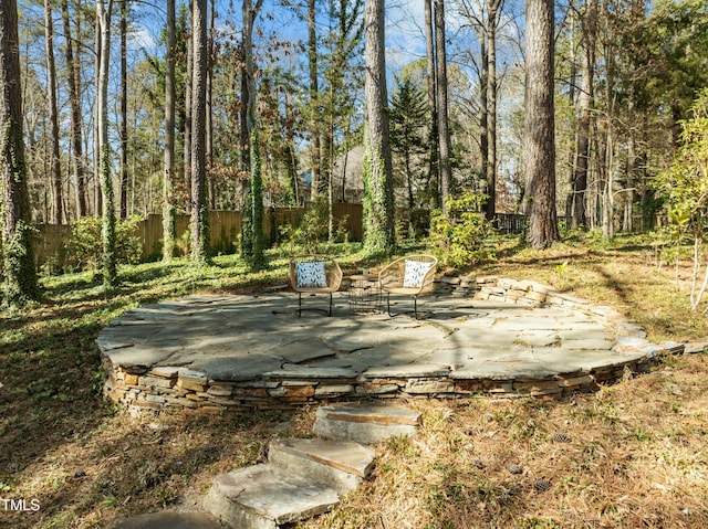 view of yard featuring fence and a patio area