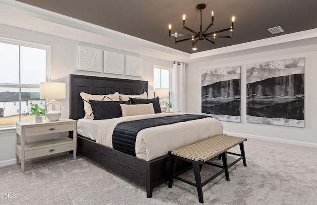 bedroom featuring light carpet, crown molding, multiple windows, and an inviting chandelier