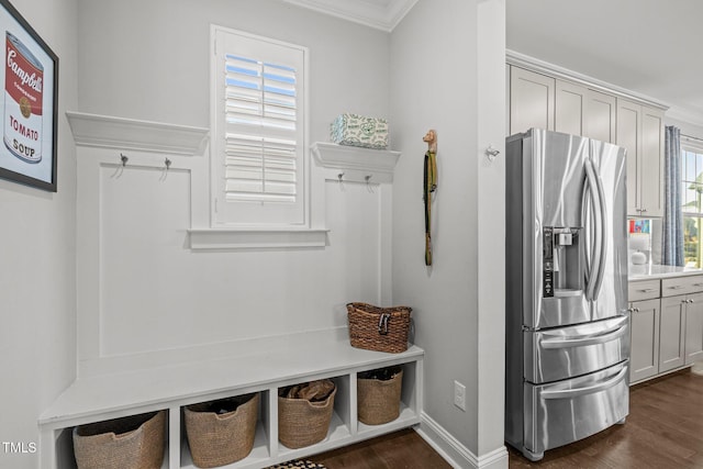 mudroom featuring crown molding and dark hardwood / wood-style floors