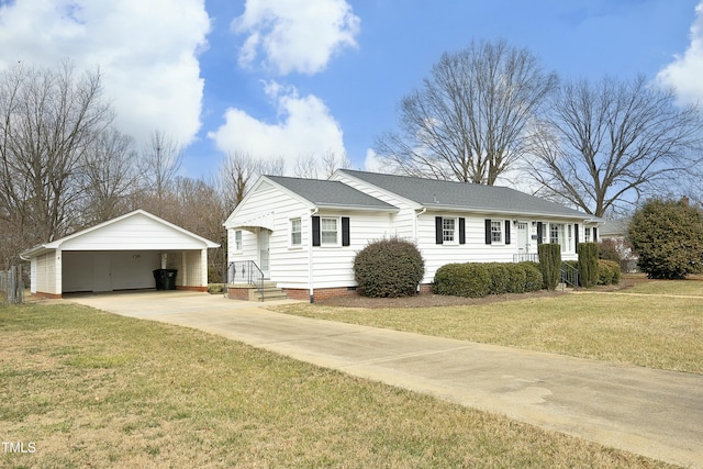 ranch-style house with a carport, a garage, and a front yard