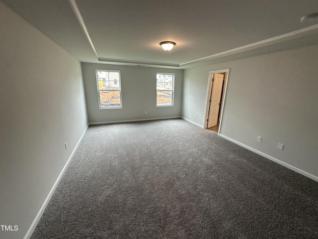 carpeted empty room with a tray ceiling