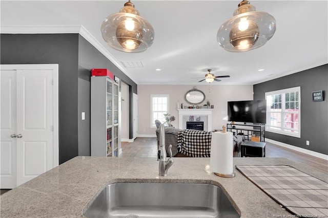 kitchen featuring hardwood / wood-style floors, ornamental molding, plenty of natural light, and pendant lighting