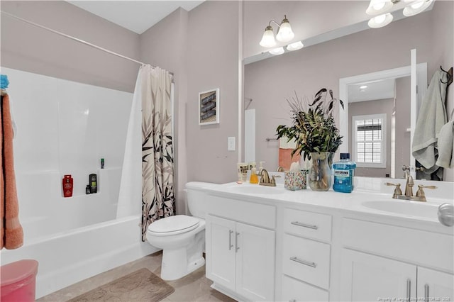 full bathroom featuring vanity, shower / tub combo, tile patterned flooring, and toilet