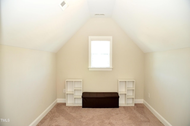 additional living space with vaulted ceiling and light carpet