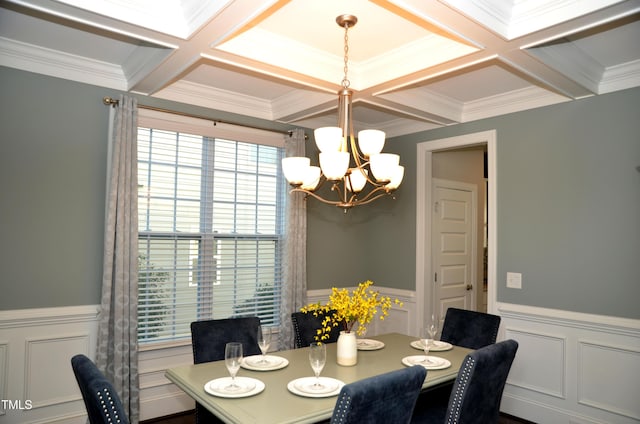 dining room with crown molding, coffered ceiling, and beam ceiling