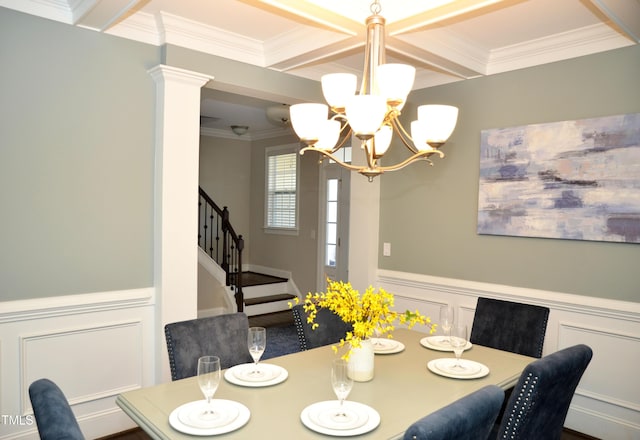 dining room featuring ornamental molding, coffered ceiling, a chandelier, and beam ceiling