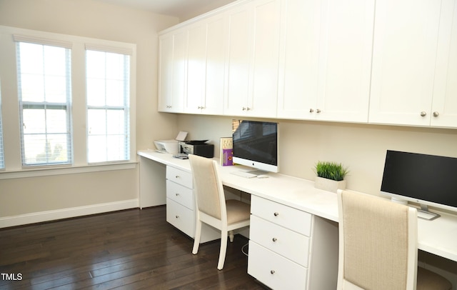 office area with plenty of natural light, dark hardwood / wood-style floors, and built in desk