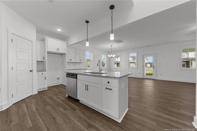 112 Peeler Cir, Raeford, NC 28376 - kitchen featuring stainless steel dishwasher, dark wood-style floors, white cabinets, a chandelier, and recessed lighting