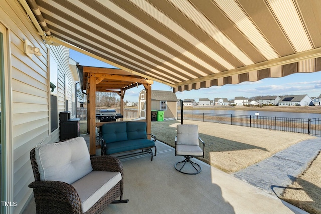 view of patio featuring a shed