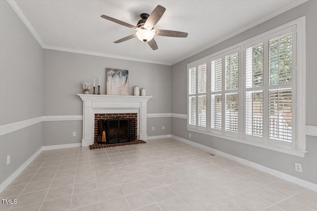 unfurnished living room with a brick fireplace, light tile patterned floors, ornamental molding, and a textured ceiling