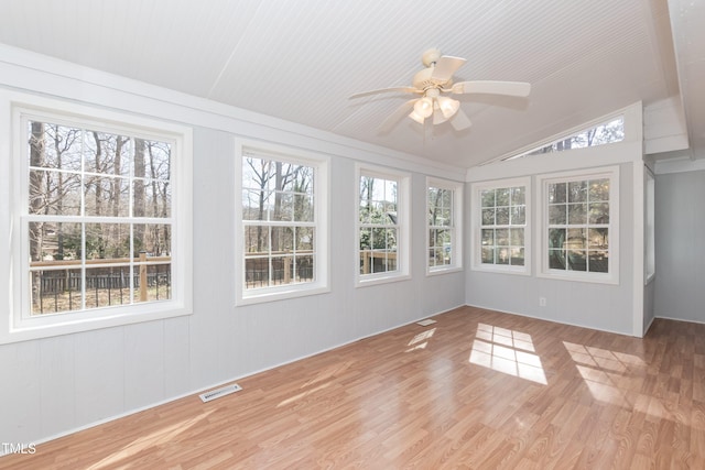 unfurnished sunroom featuring lofted ceiling, visible vents, and a ceiling fan