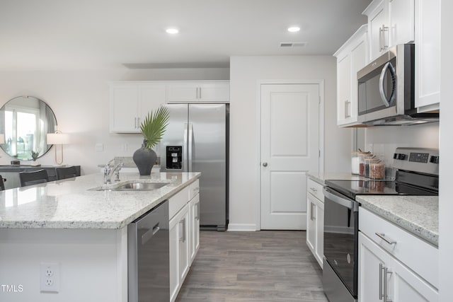 kitchen featuring white cabinetry, an island with sink, stainless steel appliances, and sink