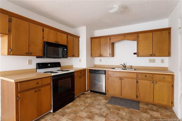 kitchen with sink, range with electric stovetop, a textured ceiling, and dishwasher