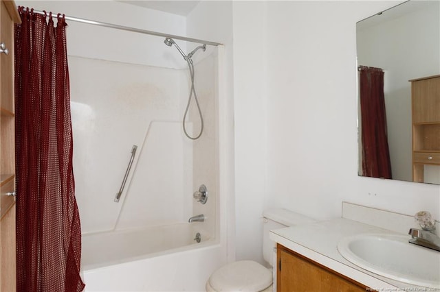 full bathroom with vanity, shower / bath combination with curtain, and toilet