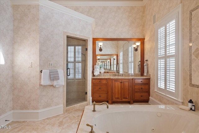 full bath with ornamental molding, a stall shower, vanity, a whirlpool tub, and wallpapered walls