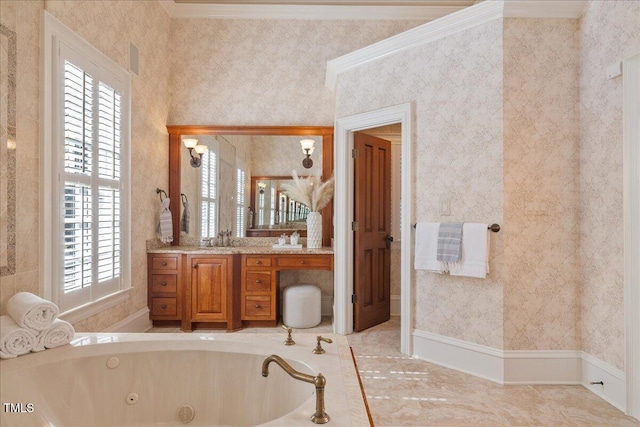 bathroom featuring a whirlpool tub, wallpapered walls, ornamental molding, and vanity