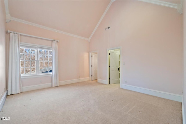 spare room featuring ornamental molding, light carpet, high vaulted ceiling, and baseboards