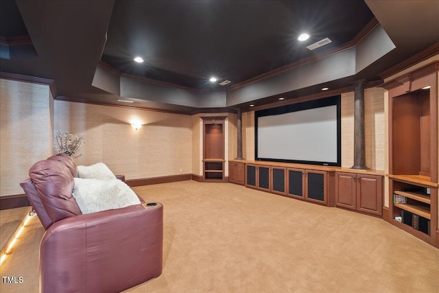 carpeted cinema featuring wallpapered walls, visible vents, a raised ceiling, crown molding, and recessed lighting