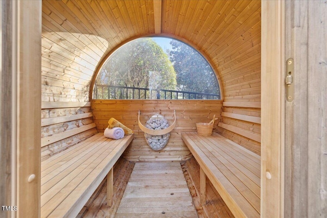 view of sauna featuring wood finished floors