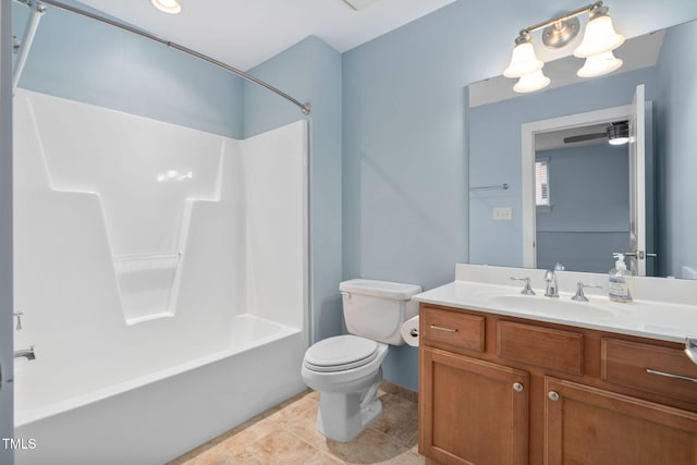 full bathroom with tile patterned floors, vanity, toilet, and shower / washtub combination