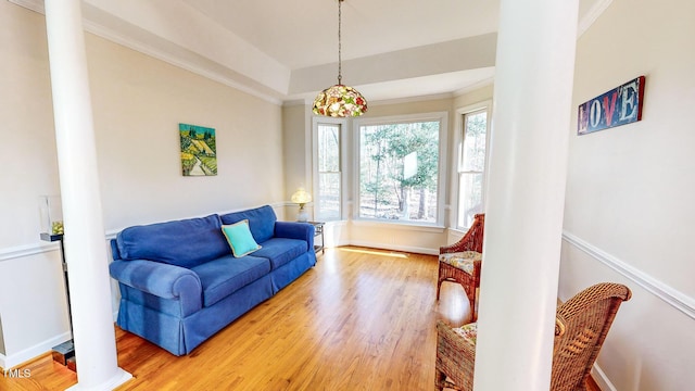 living room featuring ornate columns, wood-type flooring, and ornamental molding