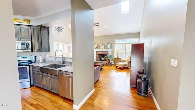 kitchen featuring sink, light hardwood / wood-style floors, stainless steel appliances, light stone countertops, and dark brown cabinets