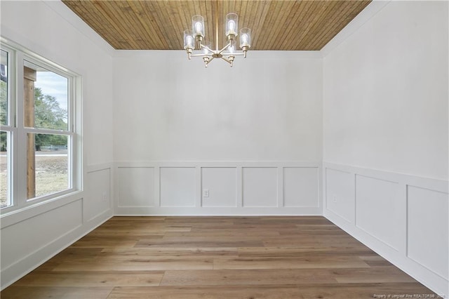 unfurnished dining area featuring light wood-type flooring, wooden ceiling, and an inviting chandelier