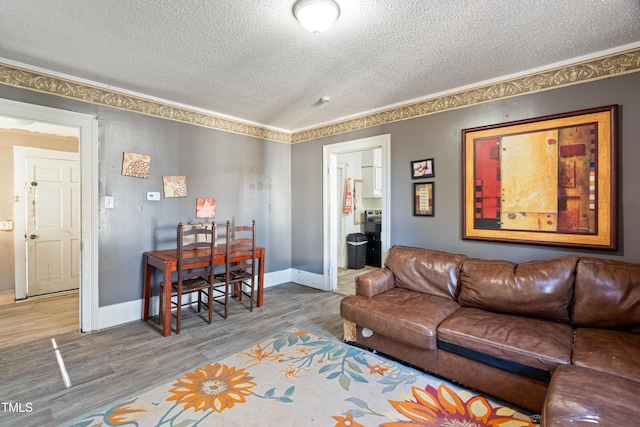 living room featuring hardwood / wood-style flooring and a textured ceiling