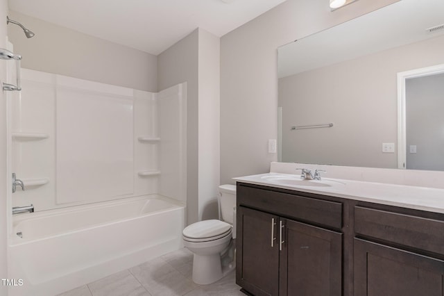 full bathroom with tile patterned flooring, visible vents, toilet, shower / tub combination, and vanity