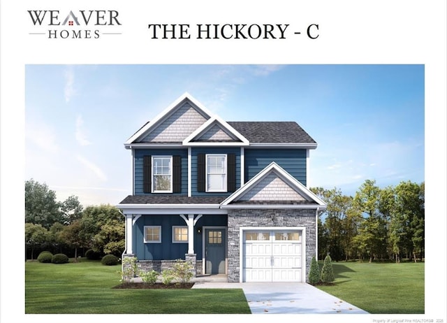 view of front of house with a garage, a porch, and a front yard