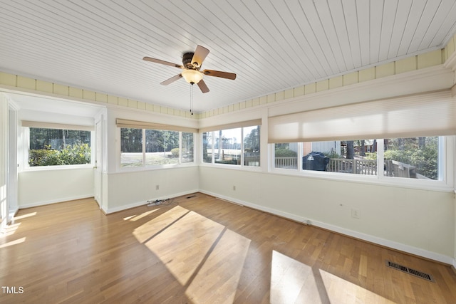 unfurnished sunroom featuring a wealth of natural light and ceiling fan