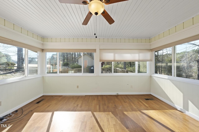 unfurnished sunroom with plenty of natural light and ceiling fan