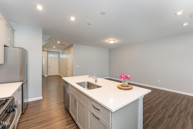 kitchen featuring dark hardwood / wood-style floors, stainless steel appliances, sink, and a kitchen island with sink