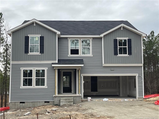 view of front of home with aphalt driveway, a garage, and crawl space