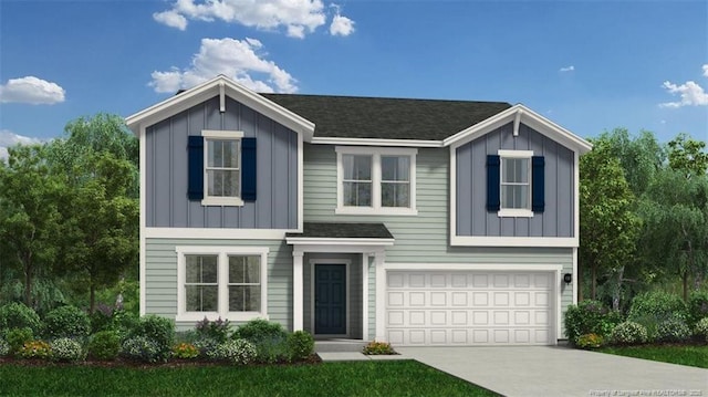 view of front of home featuring concrete driveway, an attached garage, board and batten siding, and roof with shingles