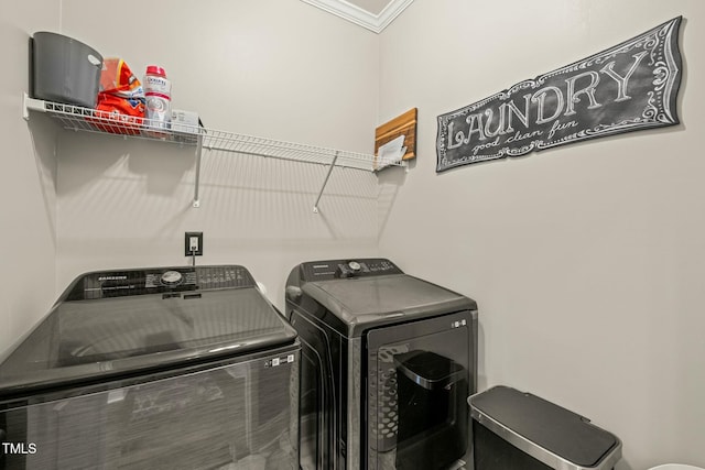 laundry area featuring crown molding and washing machine and clothes dryer