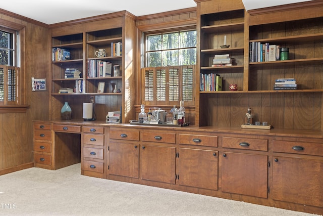 office featuring light carpet and wood walls