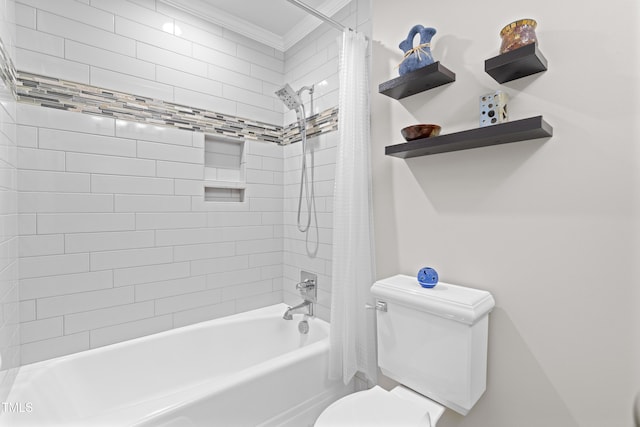 bathroom featuring shower / bathtub combination with curtain, crown molding, and toilet